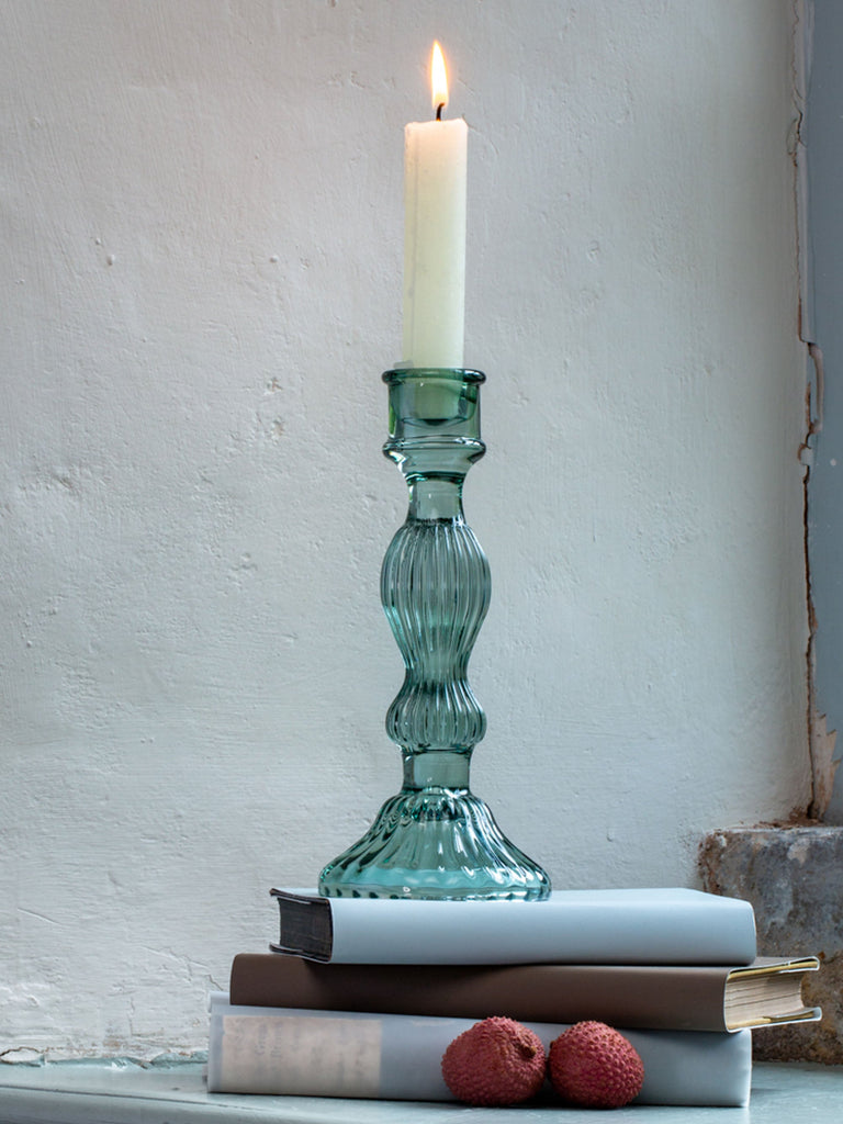 Belle Green Pressed Glass Candlestick Candle Holder BRISSI 