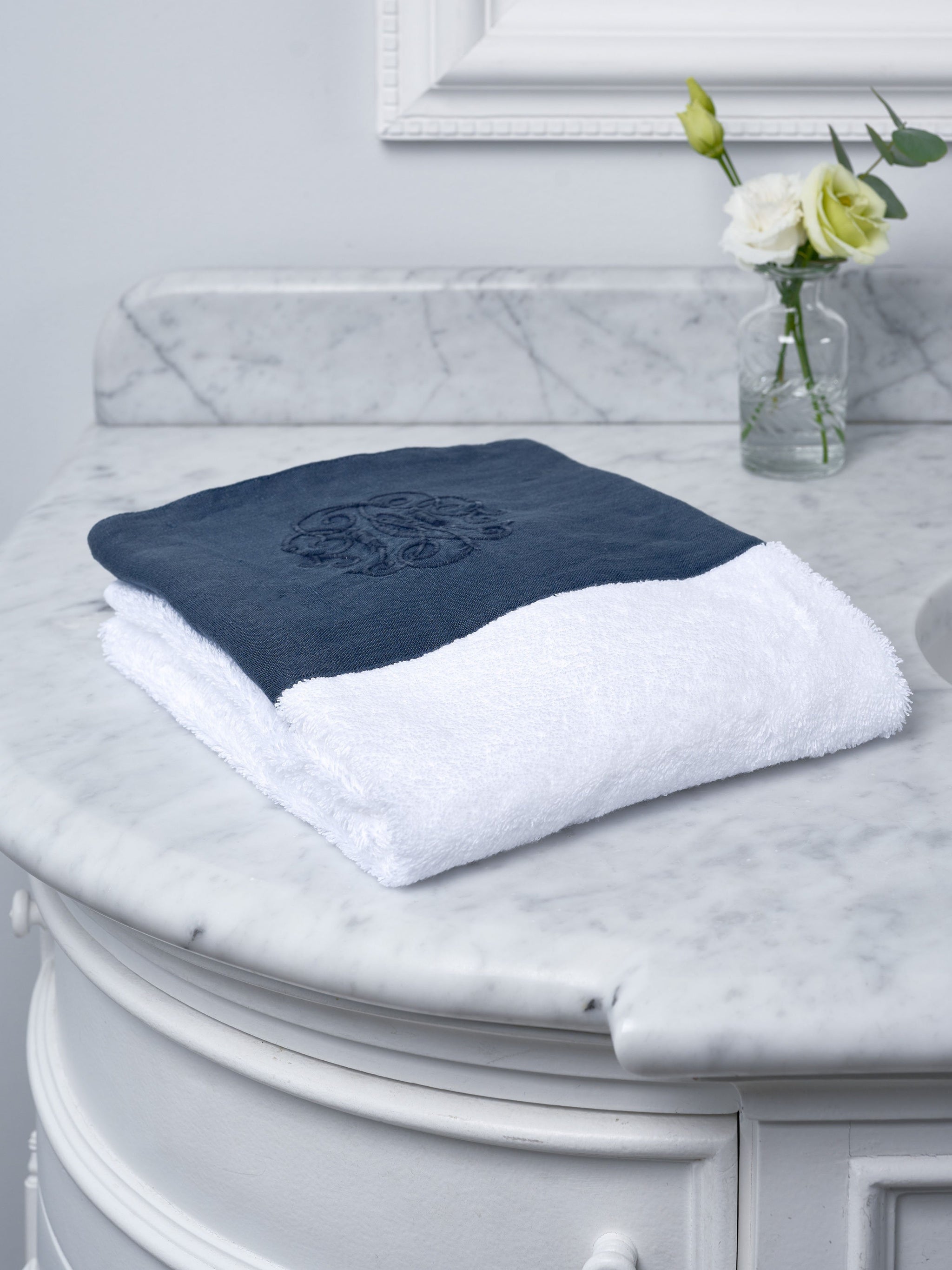 Navy Monogram Linen Border Hand Towel Brissi