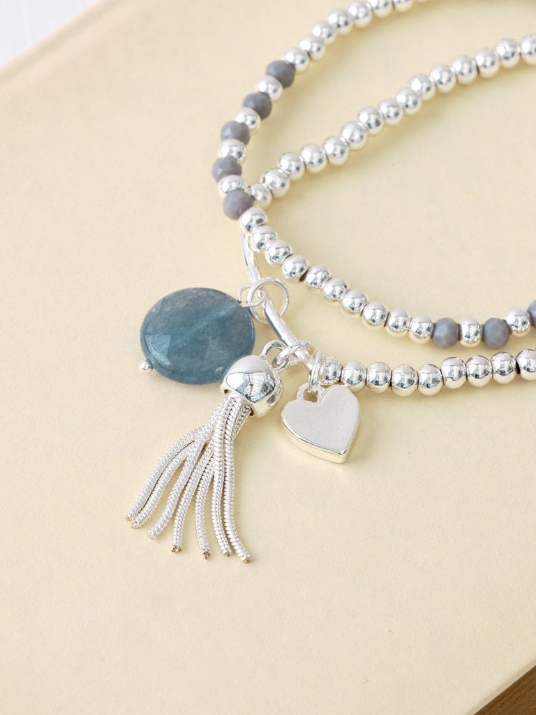Double Bracelet silver Blue Charm and Tassle Brissi 